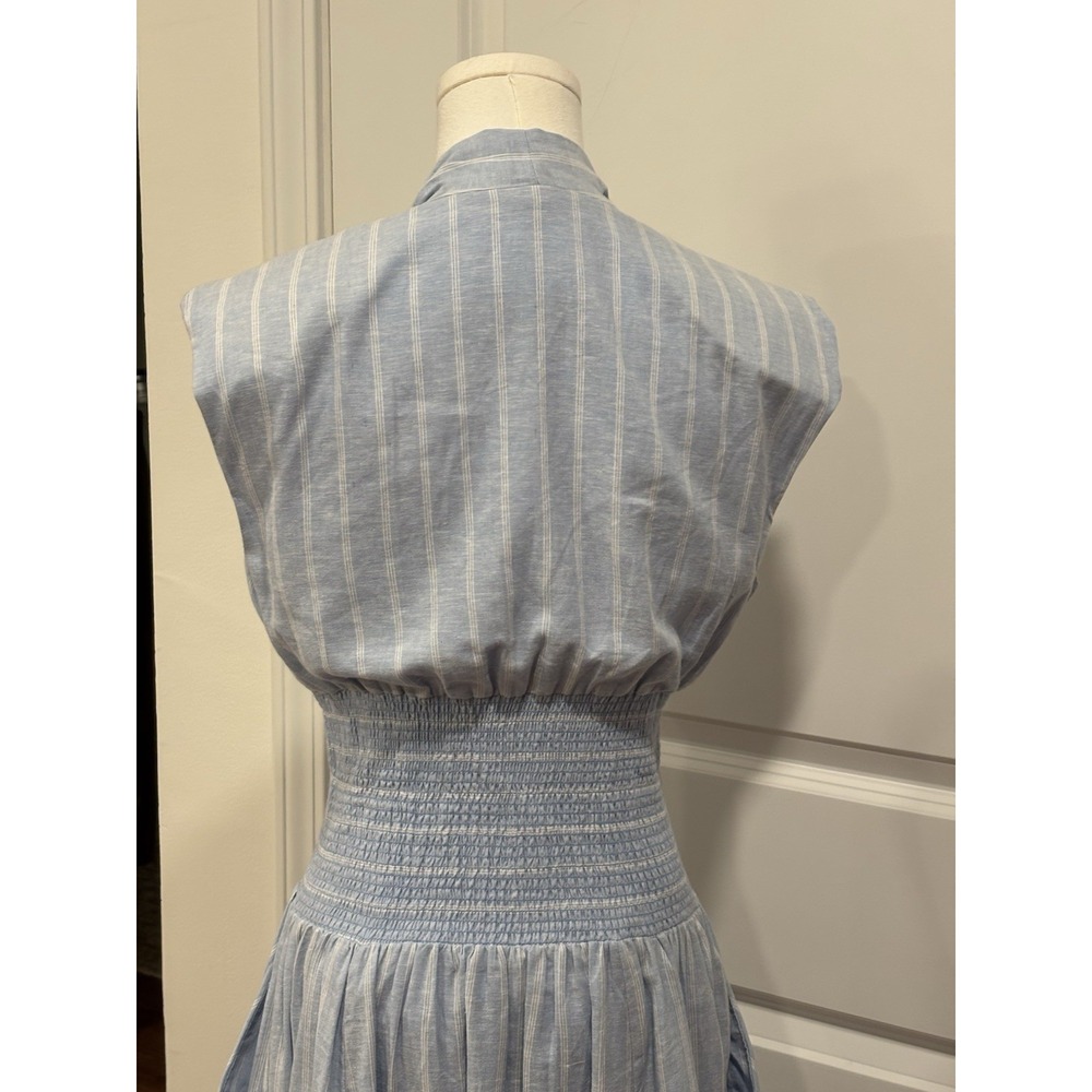 Anthropologie Tommie Cap Sleeve Smocked Front-Zip Shirt Dress Linen Blue White M - Picture 7 of 10